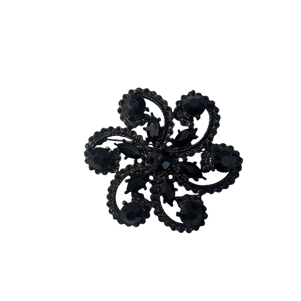 Vintage Black Japanned Rhinestone Swirly Sparkling Floral Flower Brooch Pin